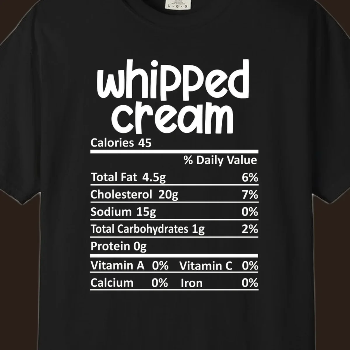 Whipped cream nutrition facts label design with calories and nutrient percentages.