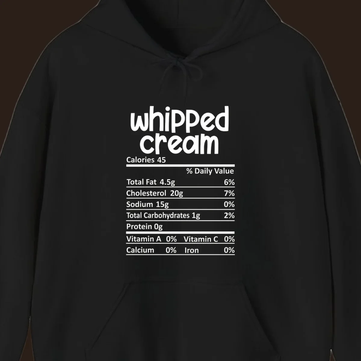 Whipped cream nutrition facts label design with calories and nutrient percentages.