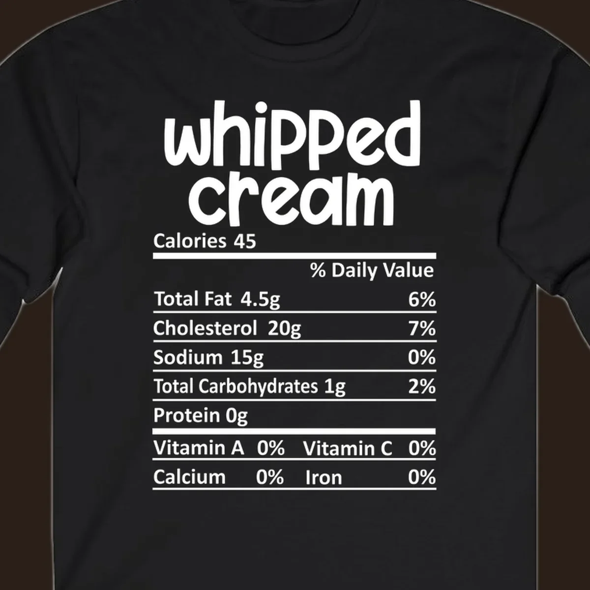 Whipped cream nutrition facts label design with calories and nutrient percentages.
