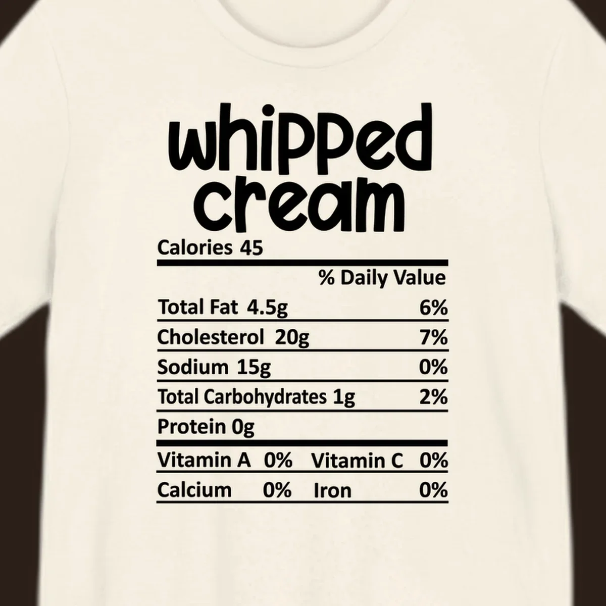 Whipped cream nutrition facts label design with calories and nutrient percentages.