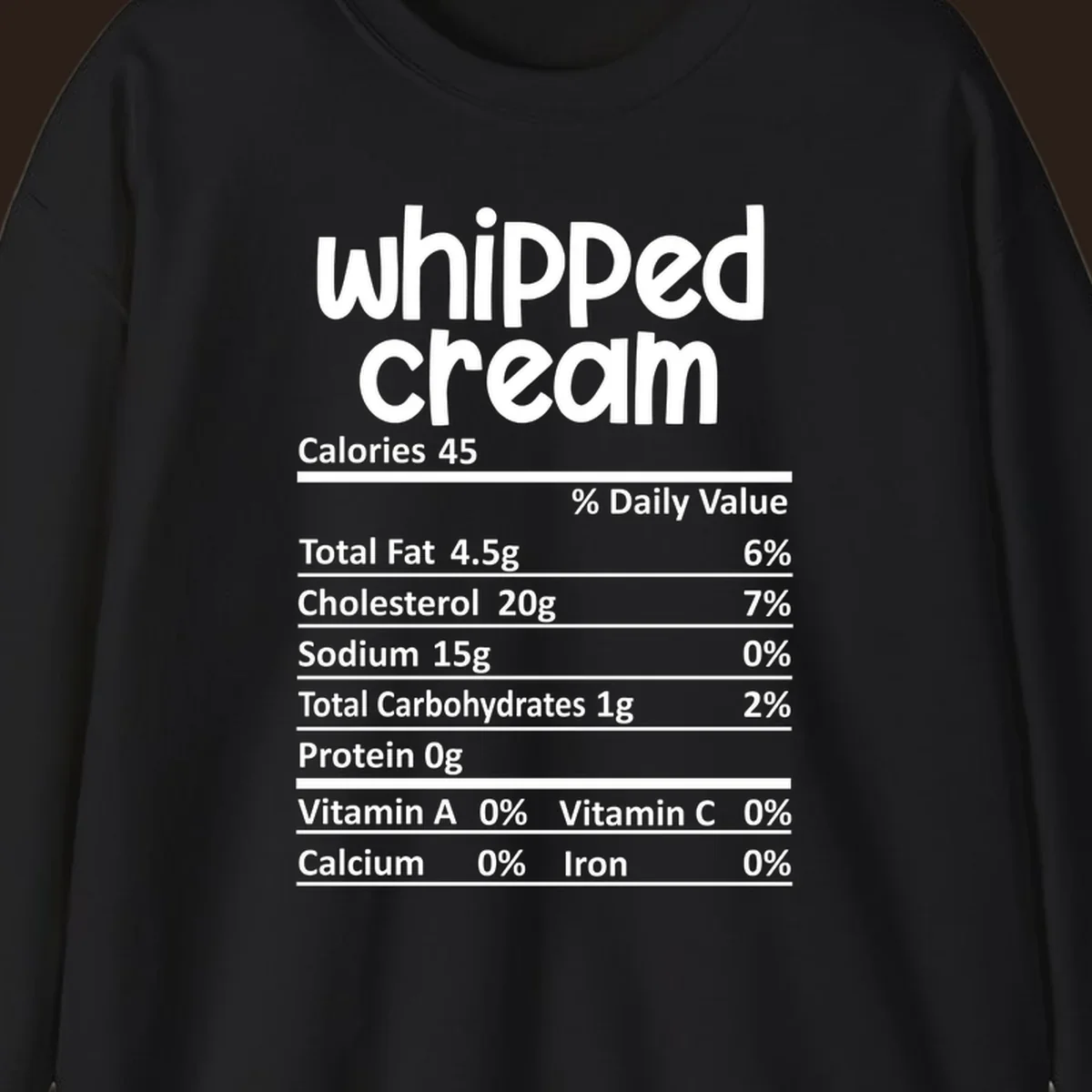 Whipped cream nutrition facts label design with calories and nutrient percentages.