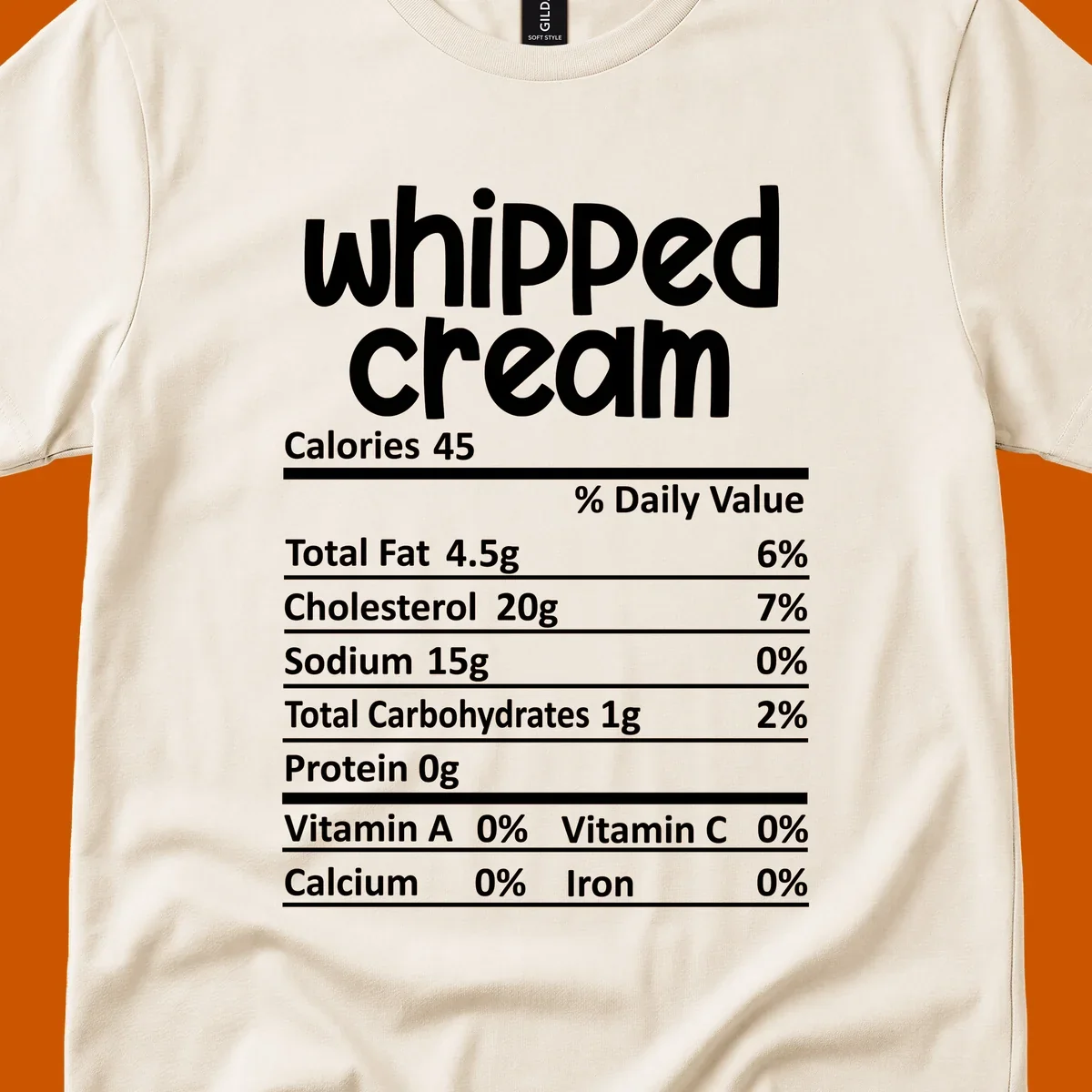Whipped cream nutrition facts label design with calories and nutrient percentages.