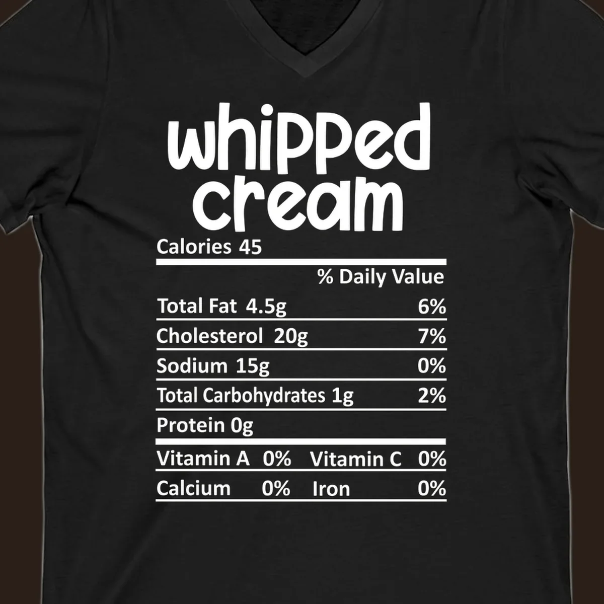 Whipped cream nutrition facts label design with calories and nutrient percentages.