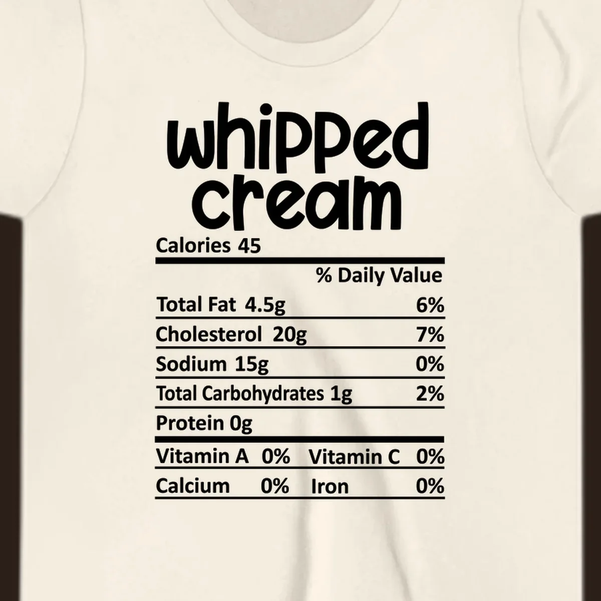 Whipped cream nutrition facts label design with calories and nutrient percentages.