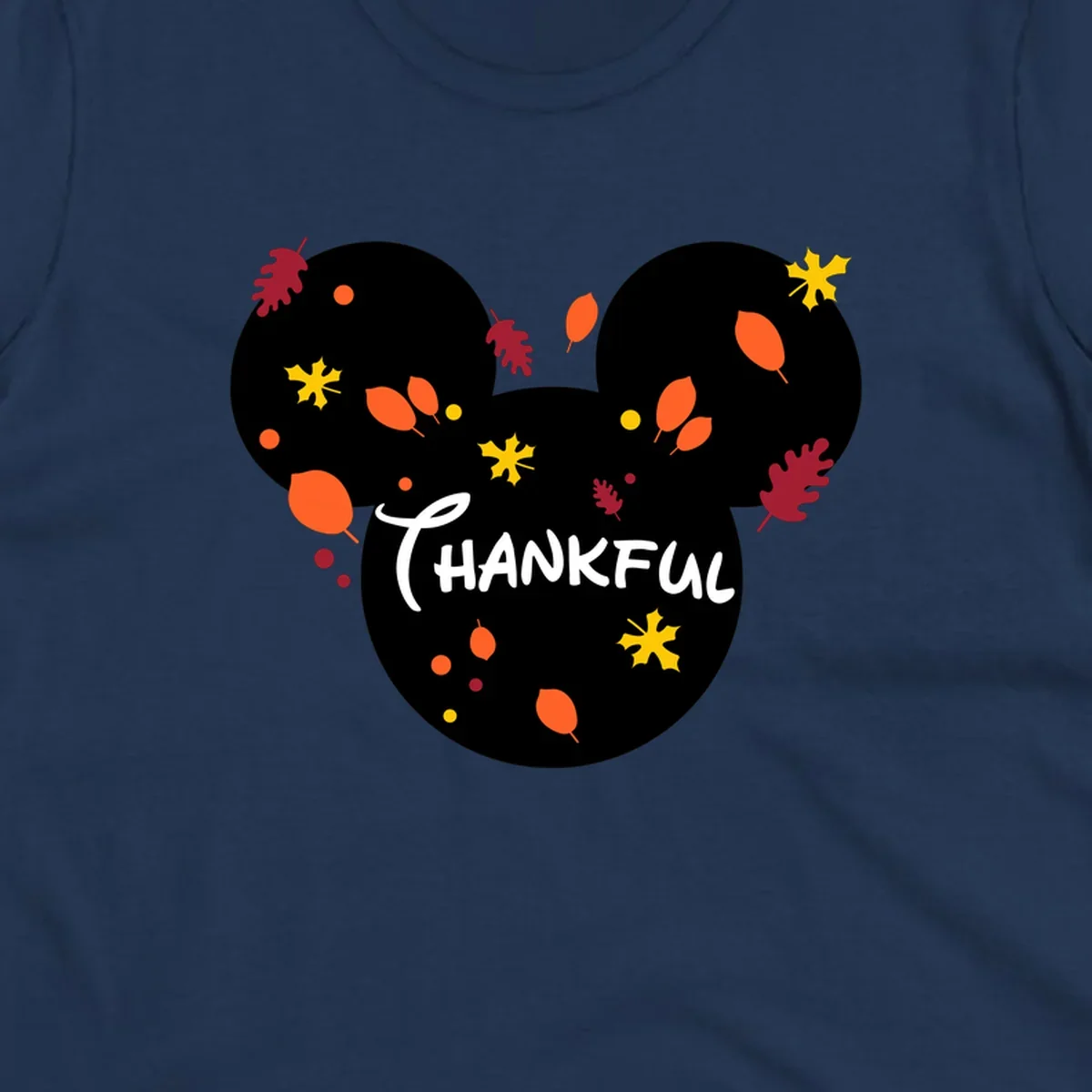 Mickey ears shape with fall leaves and the word THANKFUL in white text.