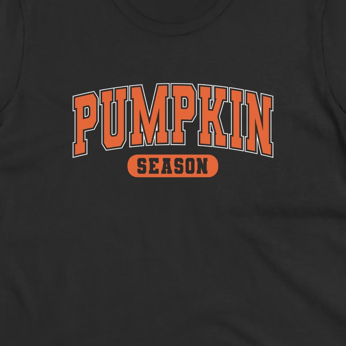Pumpkin Season varsity text design in orange and white on black background.