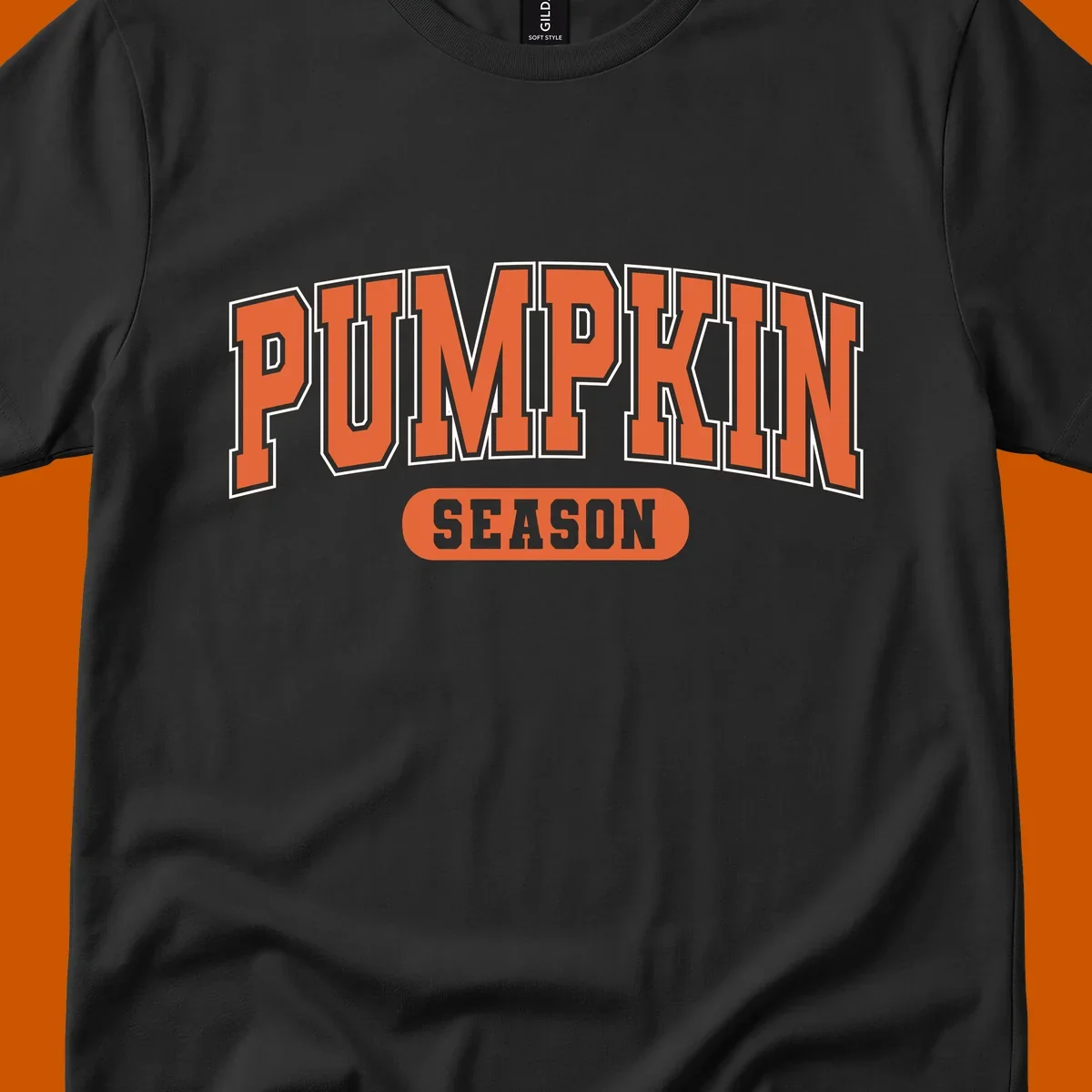 Pumpkin Season varsity text design in orange and white on black background.