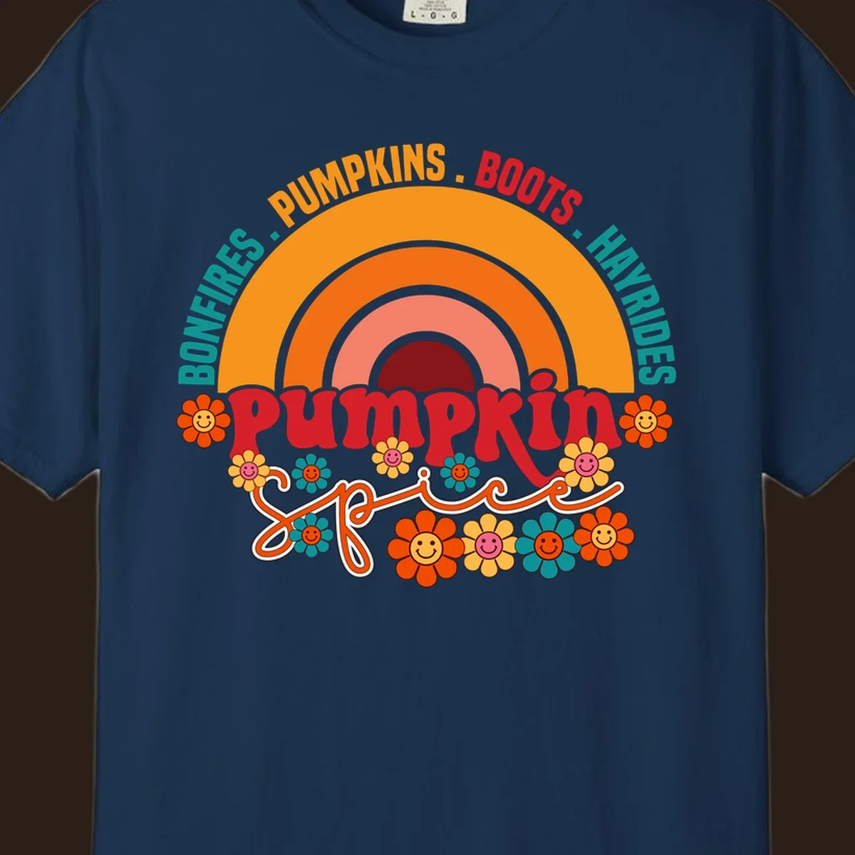 Retro pumpkin spice rainbow with flowers and fall text. pumpkin-spice-rainbow
