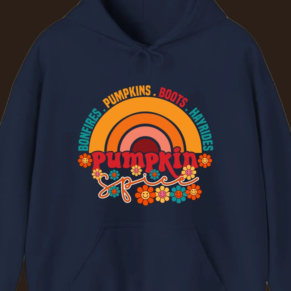 Retro pumpkin spice rainbow with flowers and fall text. pumpkin-spice-rainbow