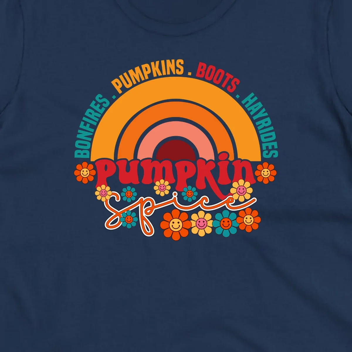 Retro pumpkin spice rainbow with flowers and fall text. pumpkin-spice-rainbow