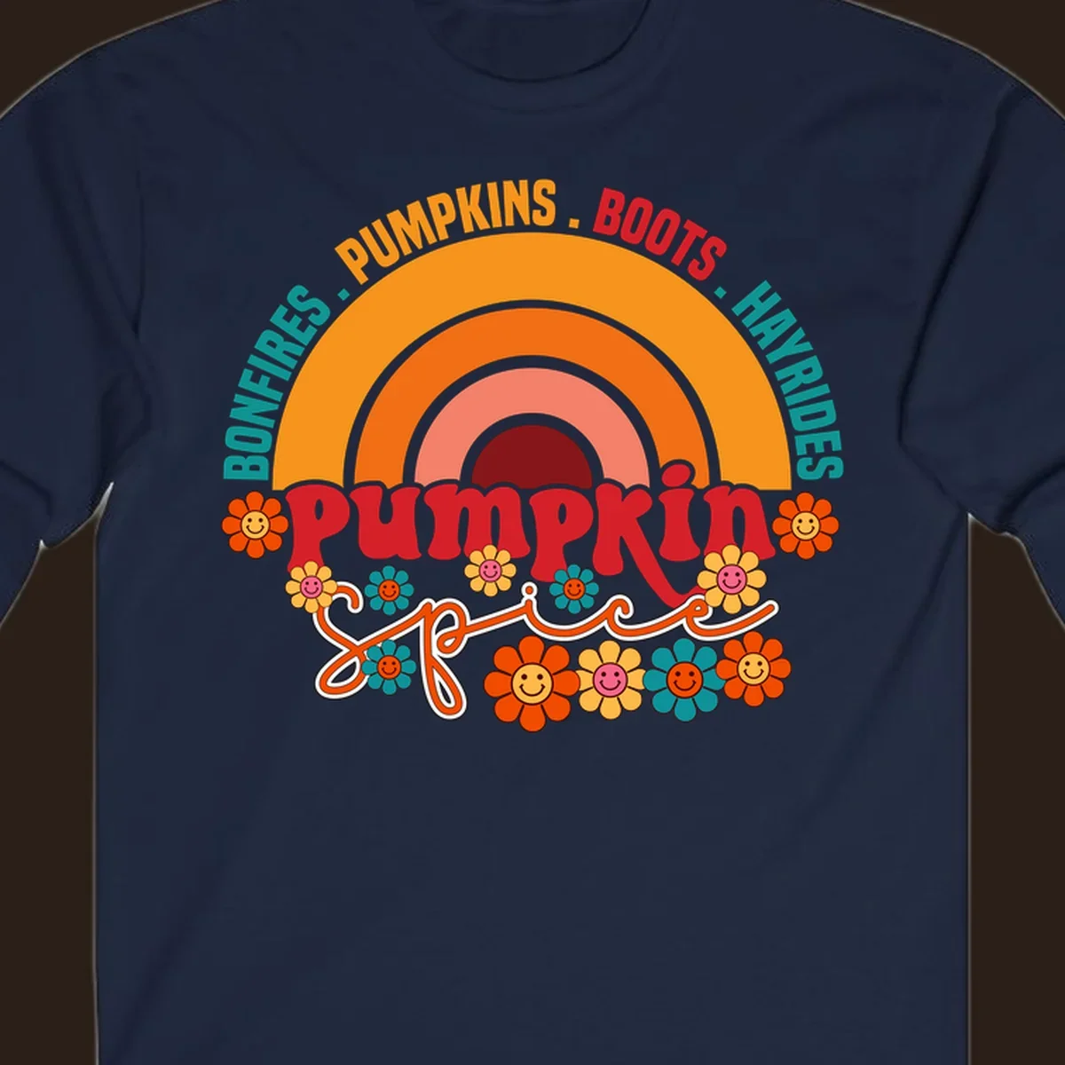 Retro pumpkin spice rainbow with flowers and fall text. pumpkin-spice-rainbow