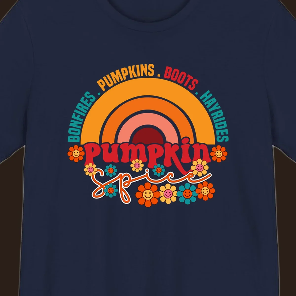Retro pumpkin spice rainbow with flowers and fall text. pumpkin-spice-rainbow