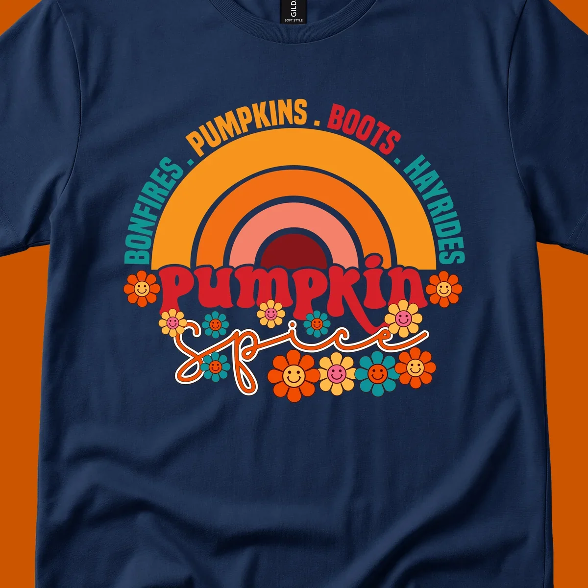 Retro pumpkin spice rainbow with flowers and fall text. pumpkin-spice-rainbow