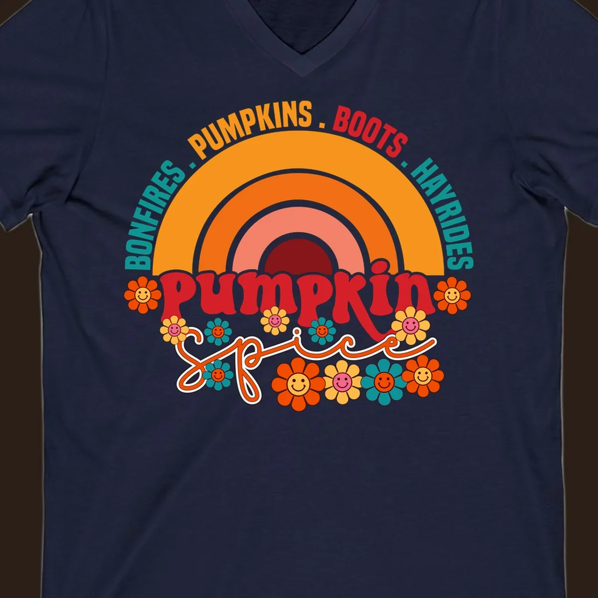 Retro pumpkin spice rainbow with flowers and fall text. pumpkin-spice-rainbow