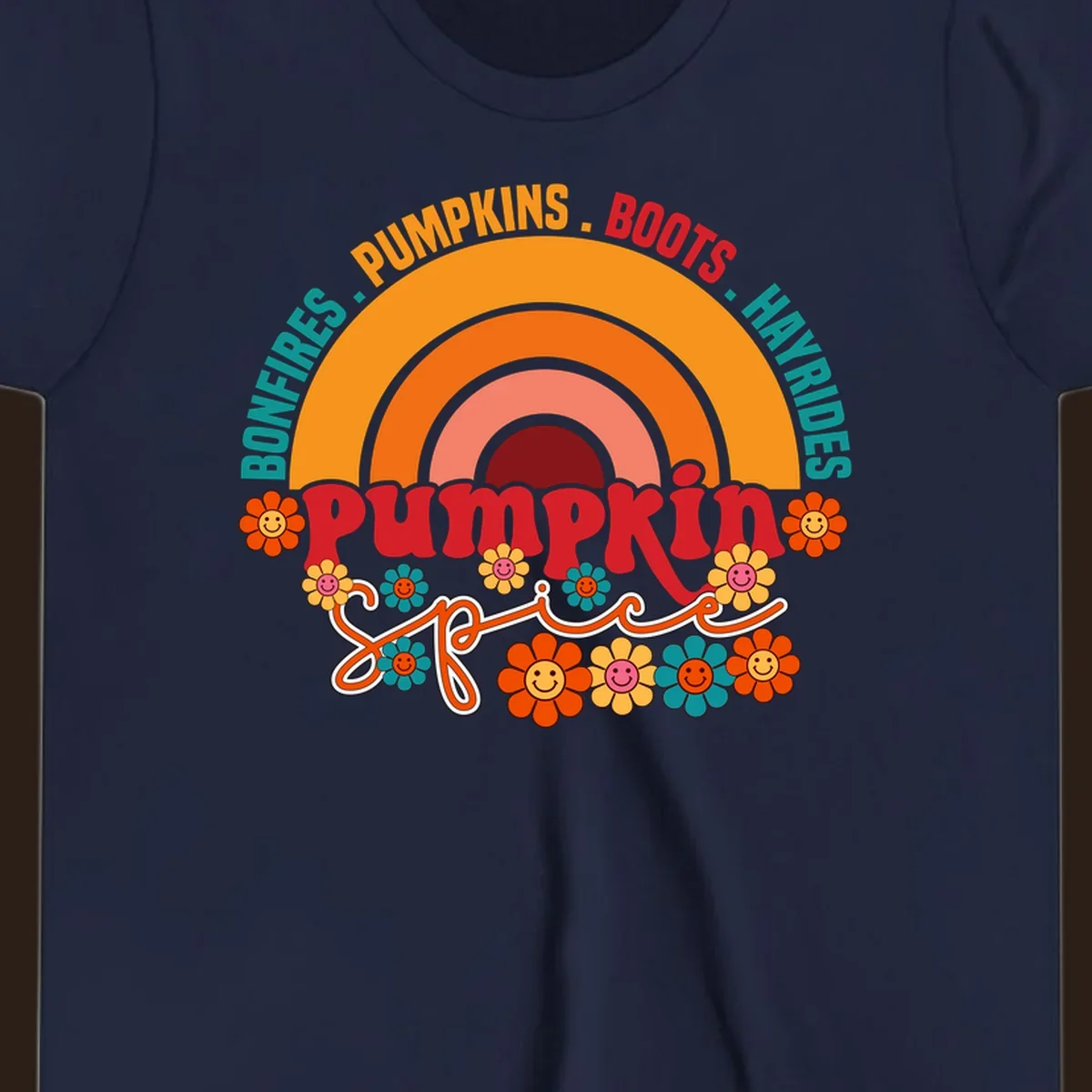 Retro pumpkin spice rainbow with flowers and fall text. pumpkin-spice-rainbow