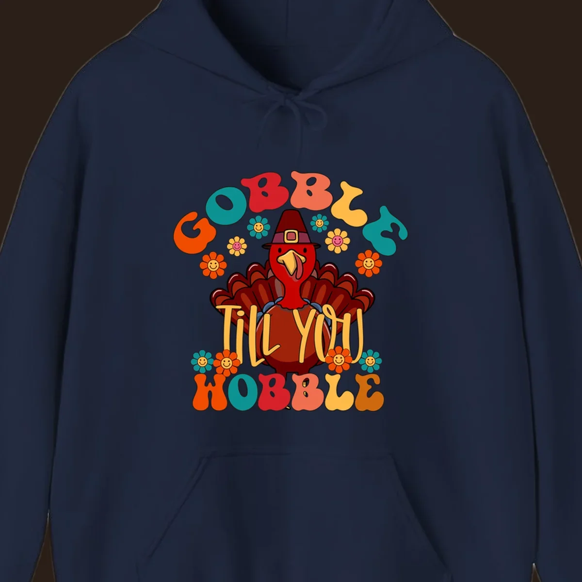 Gobble Till You Wobble turkey retro design with groovy flowers.