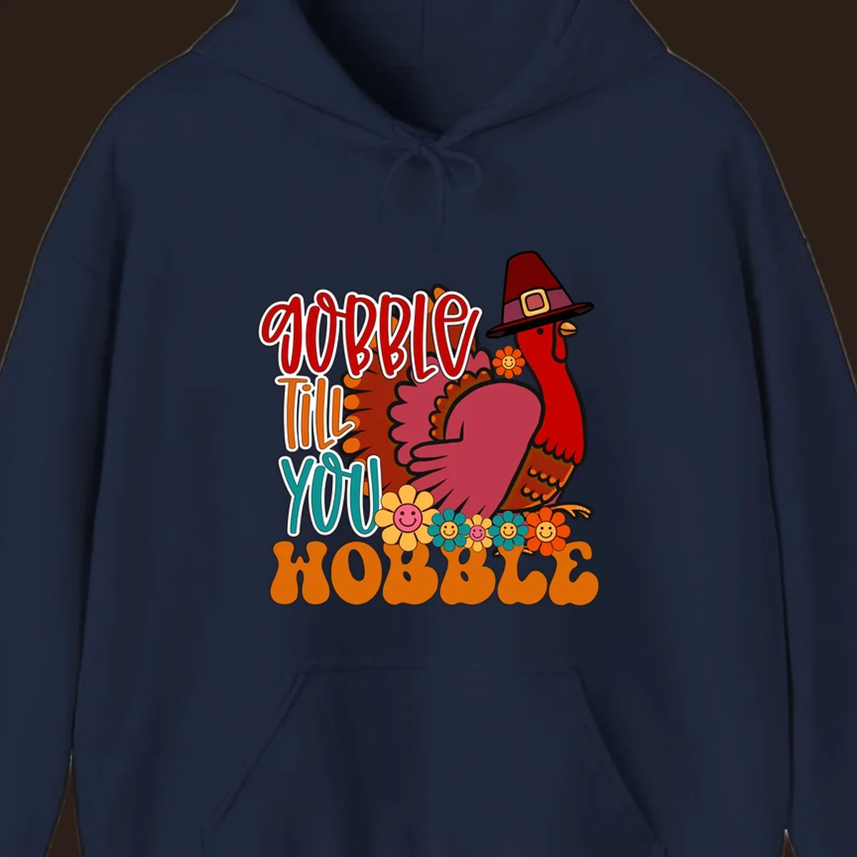 Gobble Till You Hobble Thanksgiving Turkey design with retro flowers and pilgrim hat.