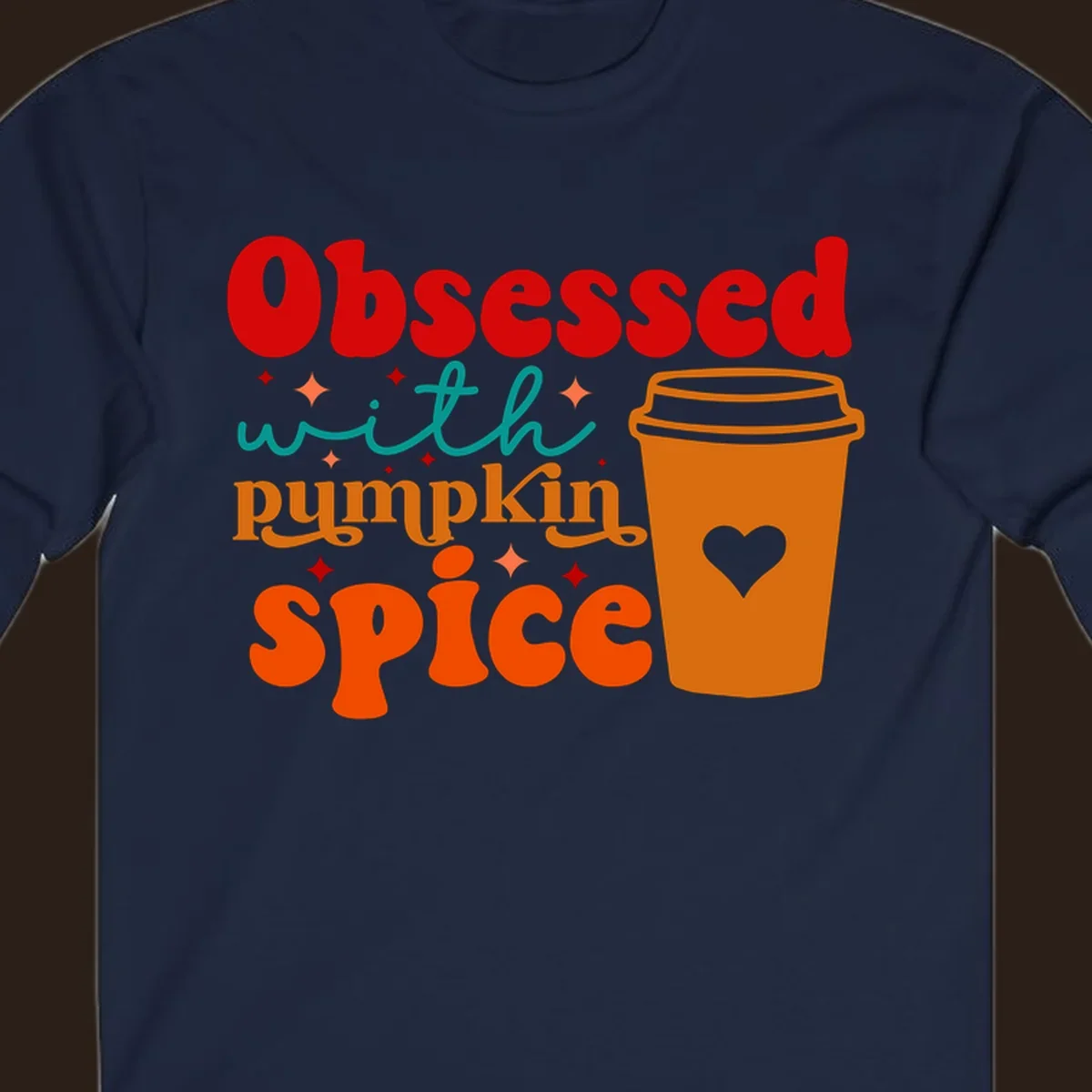 Obsessed with pumpkin spice retro wavy text and coffee cup design.