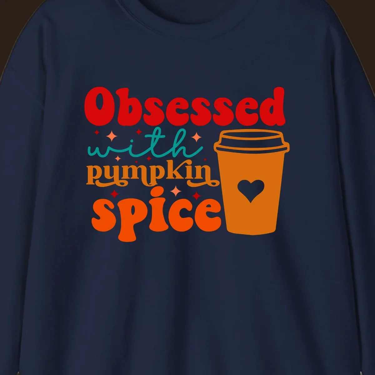 Obsessed with pumpkin spice retro wavy text and coffee cup design.