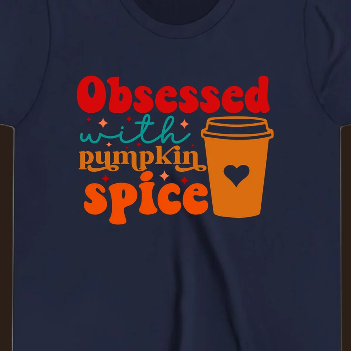 Obsessed with pumpkin spice retro wavy text and coffee cup design.
