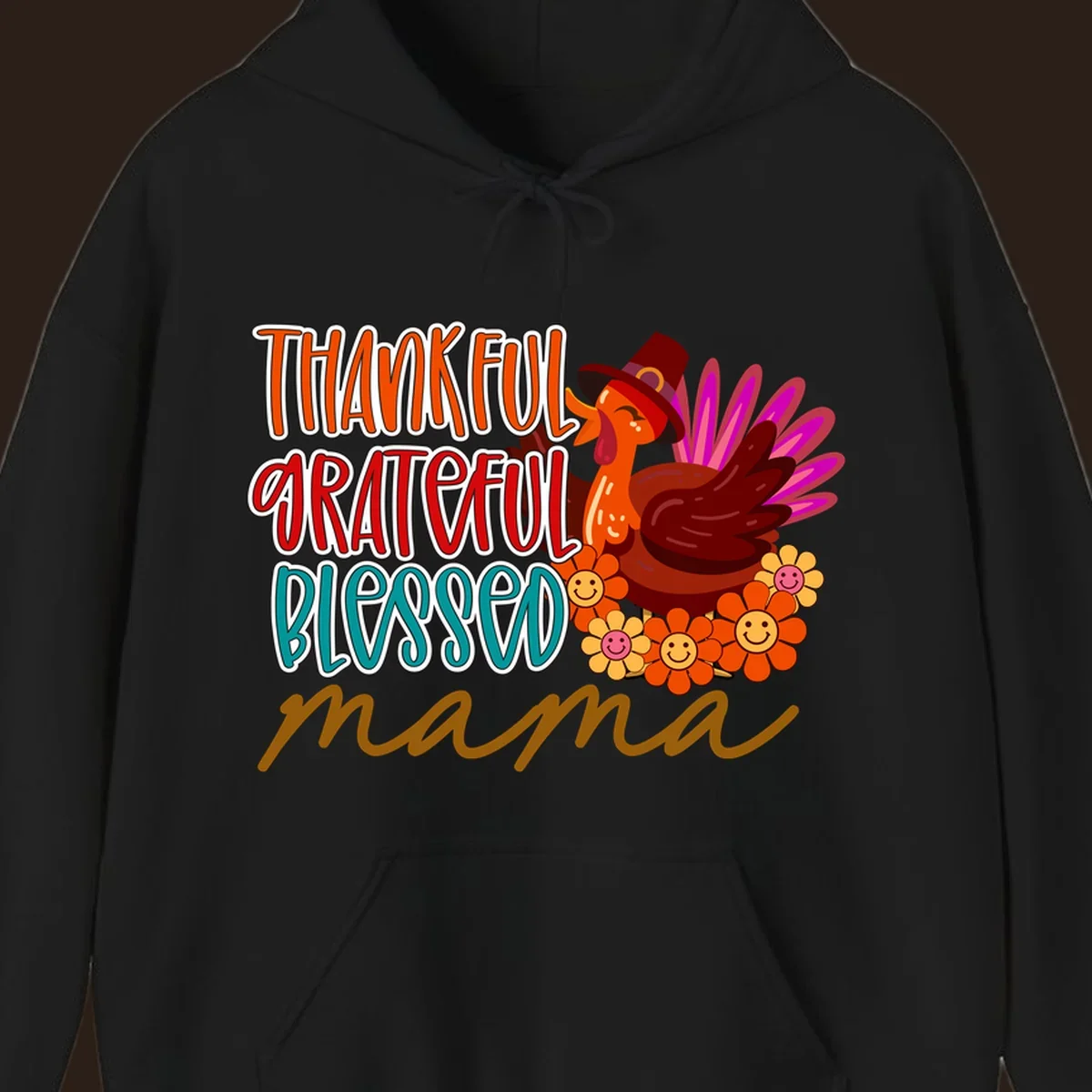 Thanksgiving mama turkey floral design with smiling flowers and colorful text.