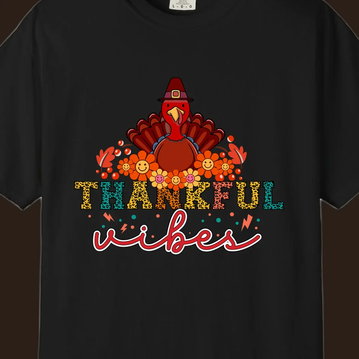 Retro Thanksgiving thankful vibes design with a turkey, flowers, and leopard print text.