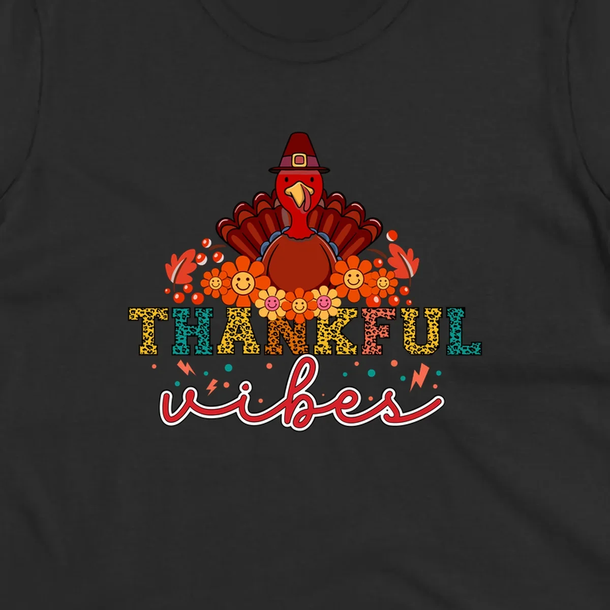 Retro Thanksgiving thankful vibes design with a turkey, flowers, and leopard print text.