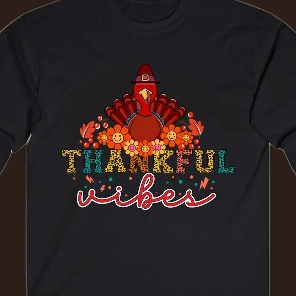 Retro Thanksgiving thankful vibes design with a turkey, flowers, and leopard print text.