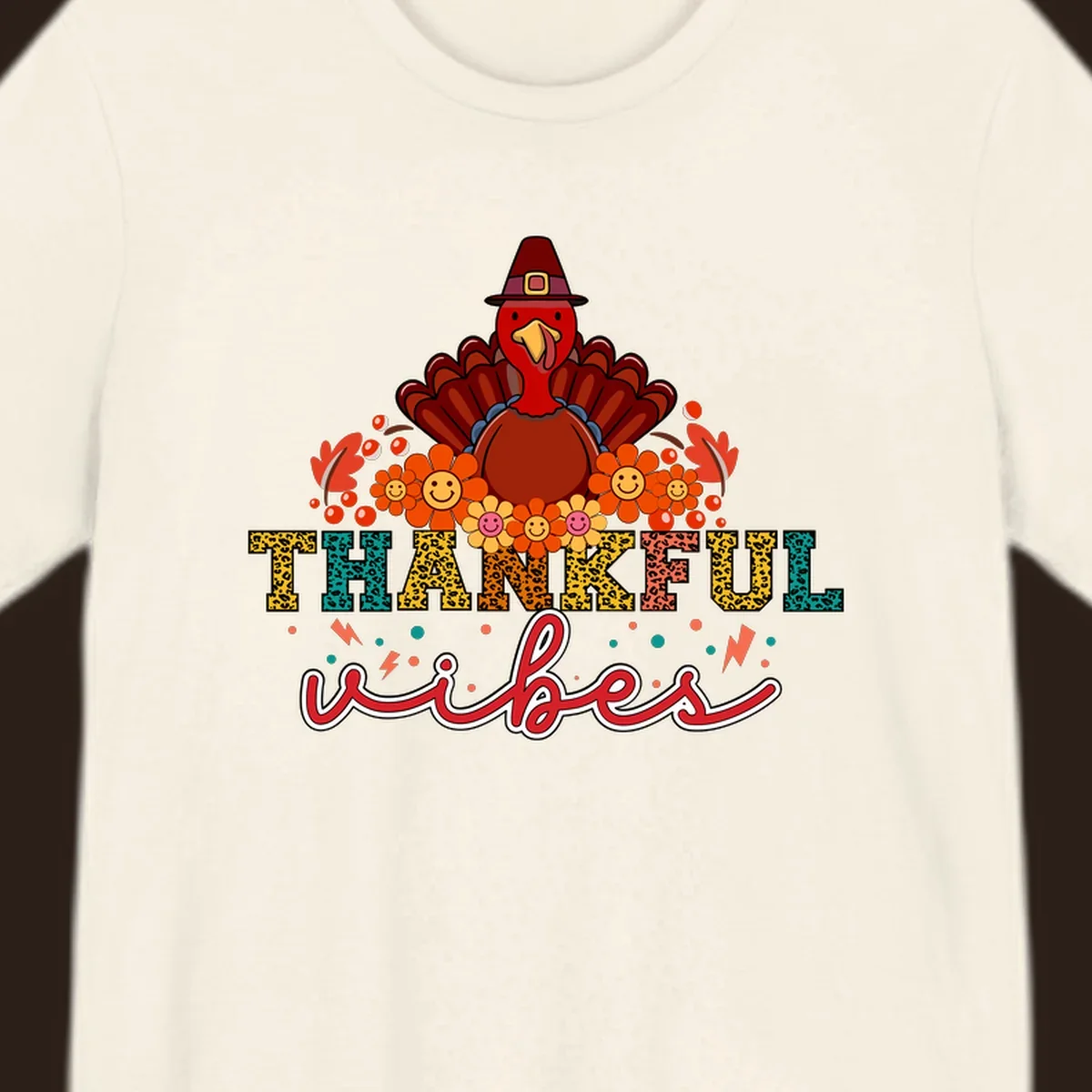 Retro Thanksgiving thankful vibes design with a turkey, flowers, and leopard print text.