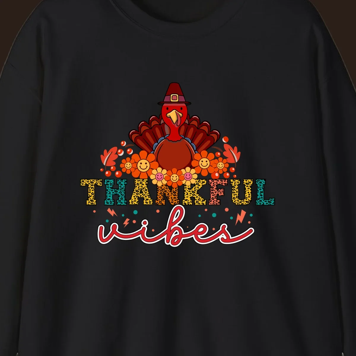 Retro Thanksgiving thankful vibes design with a turkey, flowers, and leopard print text.
