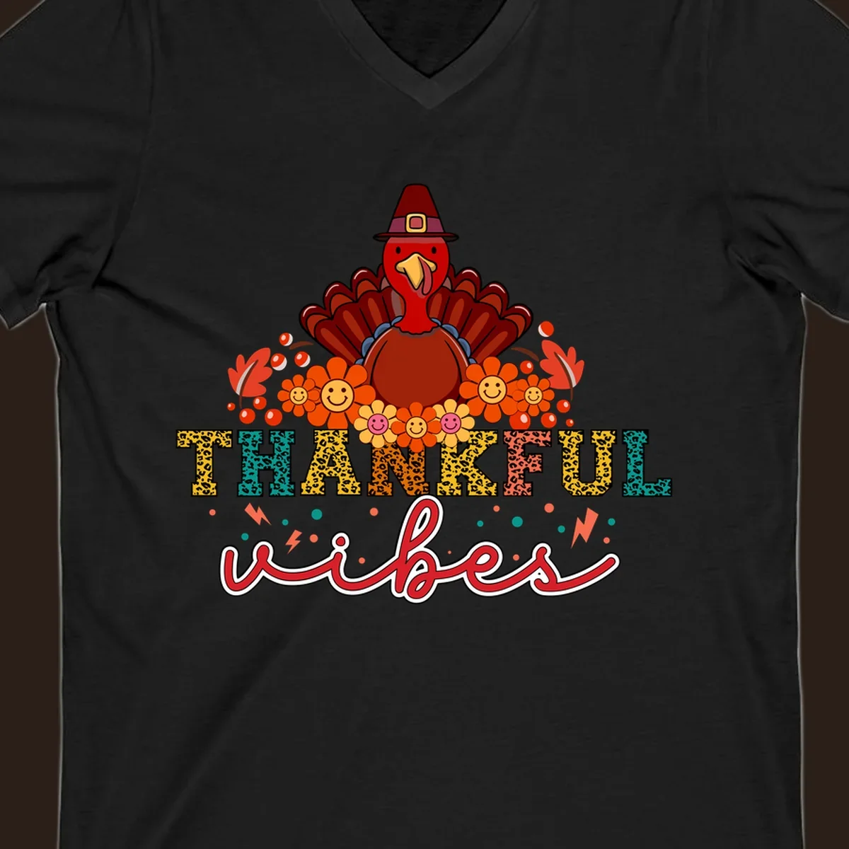 Retro Thanksgiving thankful vibes design with a turkey, flowers, and leopard print text.