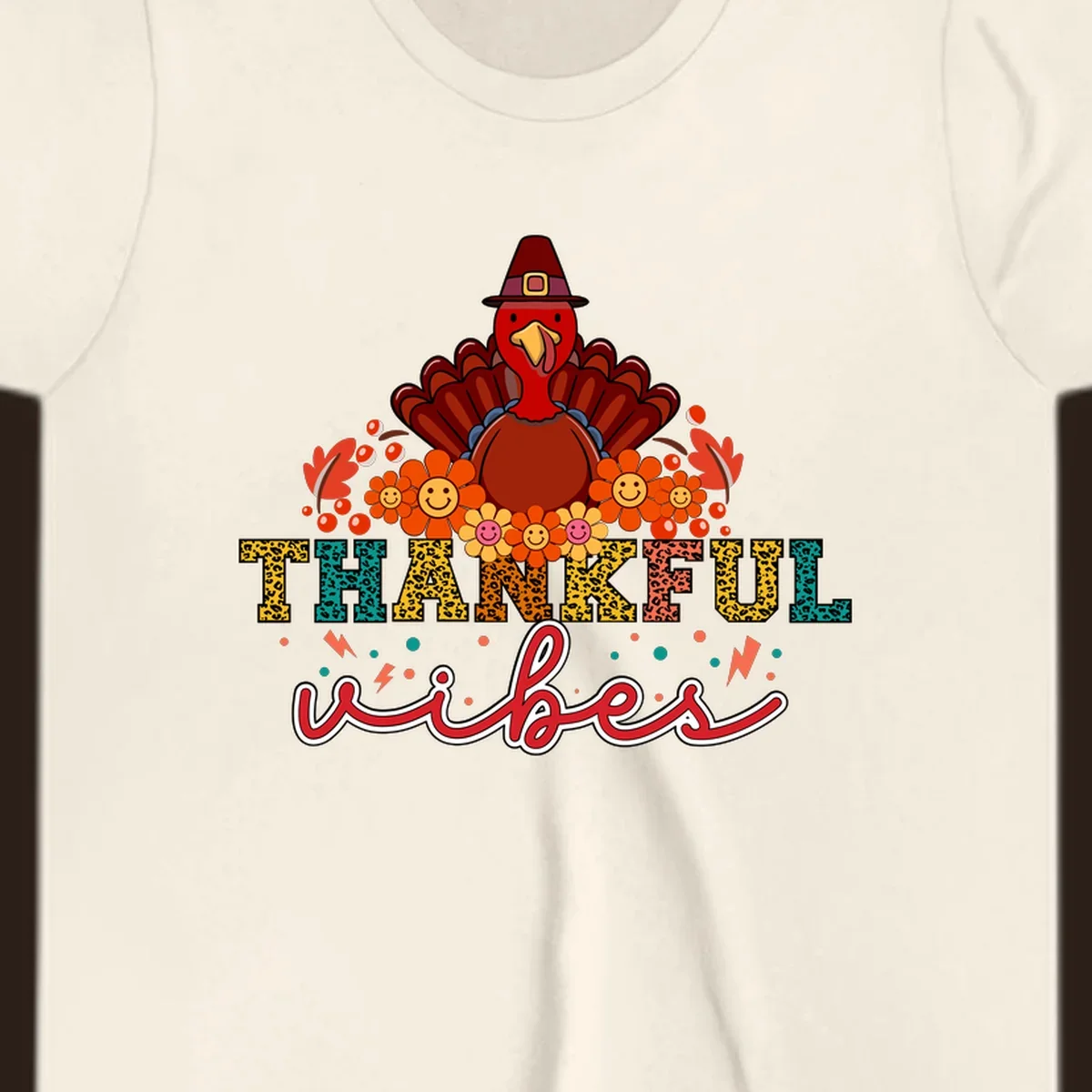 Retro Thanksgiving thankful vibes design with a turkey, flowers, and leopard print text.