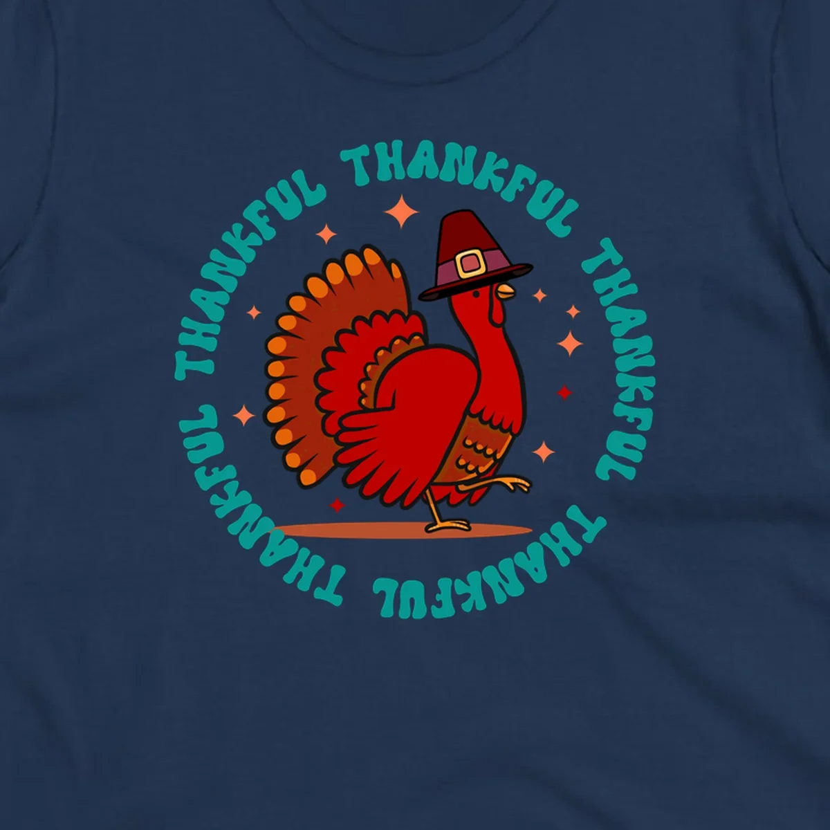 Thanksgiving turkey wearing a pilgrim hat with 'THANKFUL' text and starbursts.