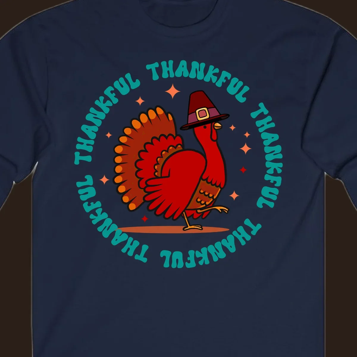 Thanksgiving turkey wearing a pilgrim hat with 'THANKFUL' text and starbursts.