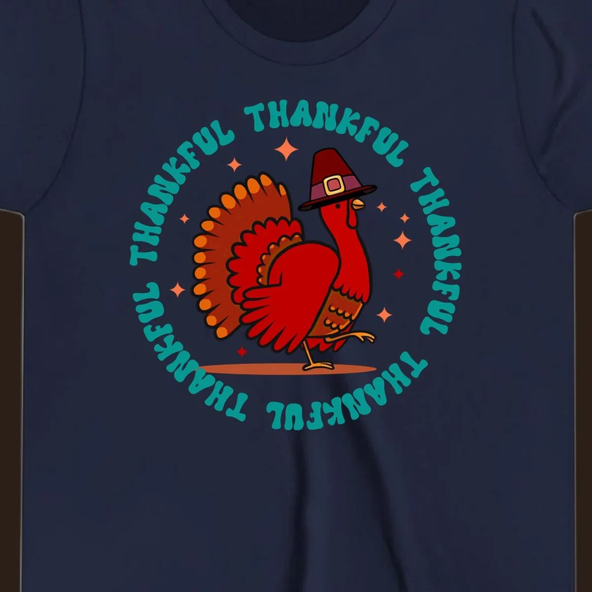 Thanksgiving turkey wearing a pilgrim hat with 'THANKFUL' text and starbursts.