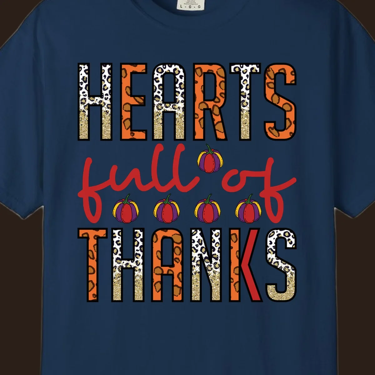 Hearts Full of Thanks pumpkins leopard print and glitter text design.