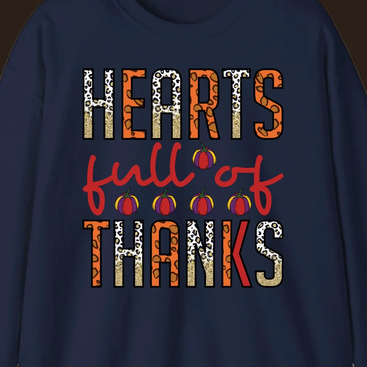 Hearts Full of Thanks pumpkins leopard print and glitter text design.