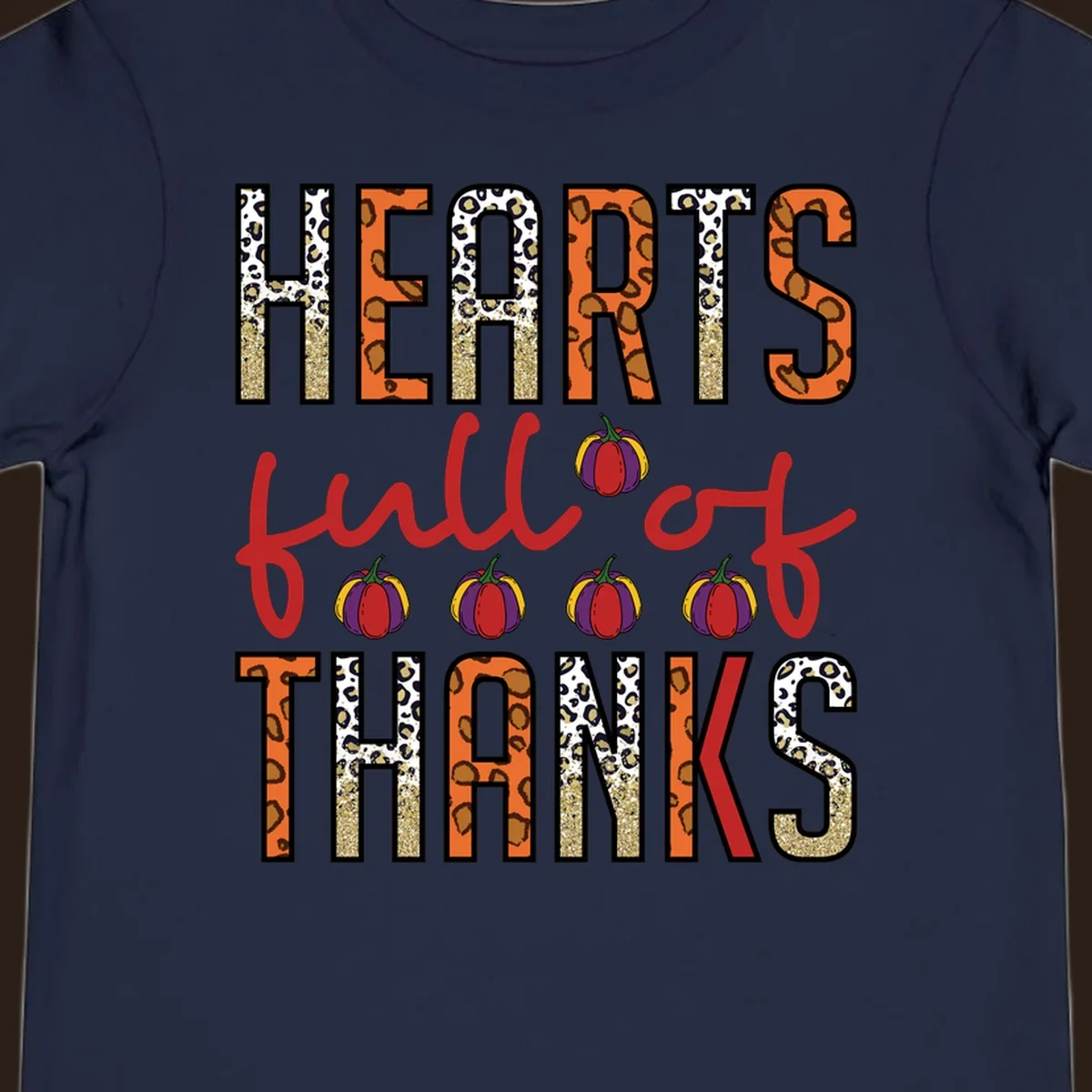Hearts Full of Thanks pumpkins leopard print and glitter text design.
