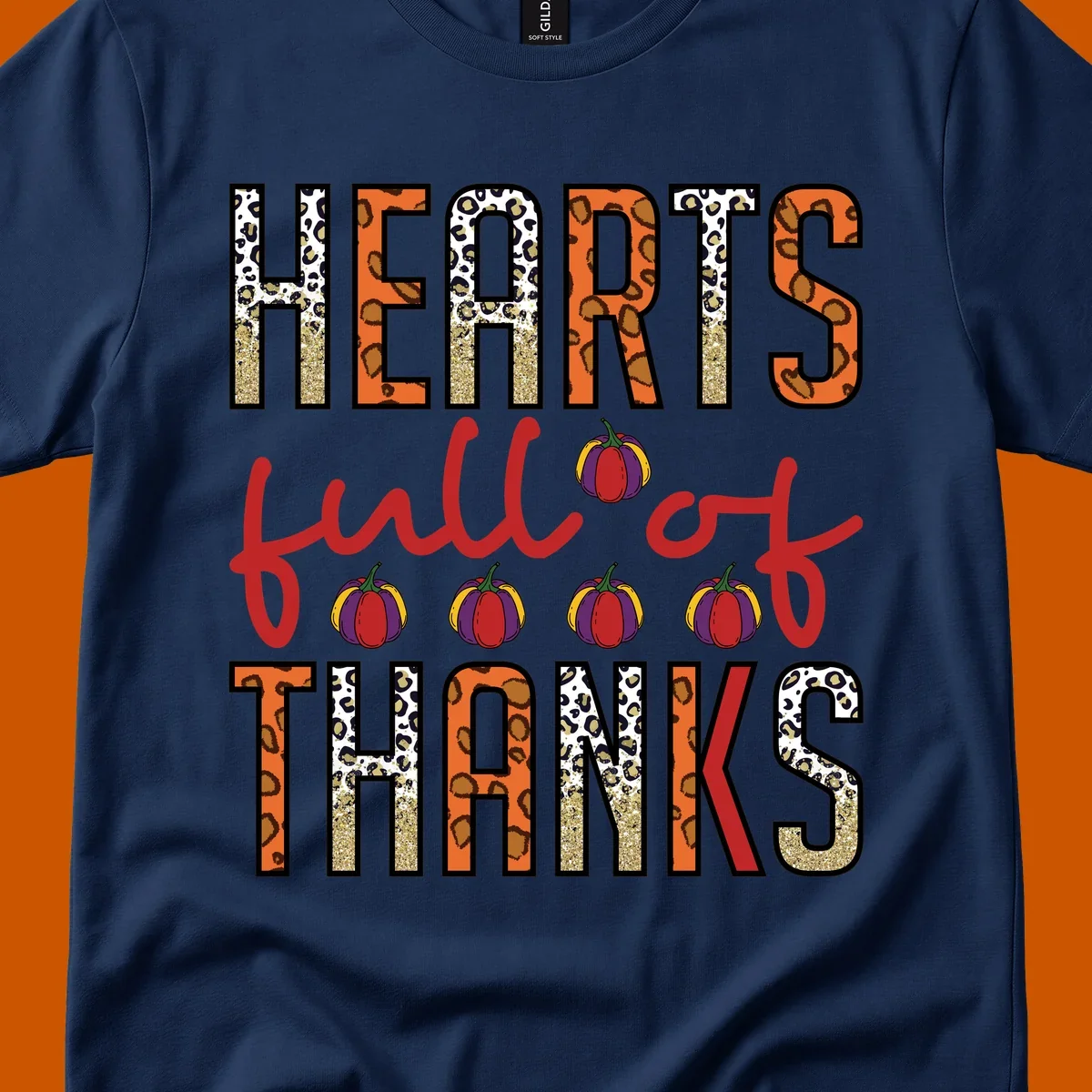 Hearts Full of Thanks pumpkins leopard print and glitter text design.