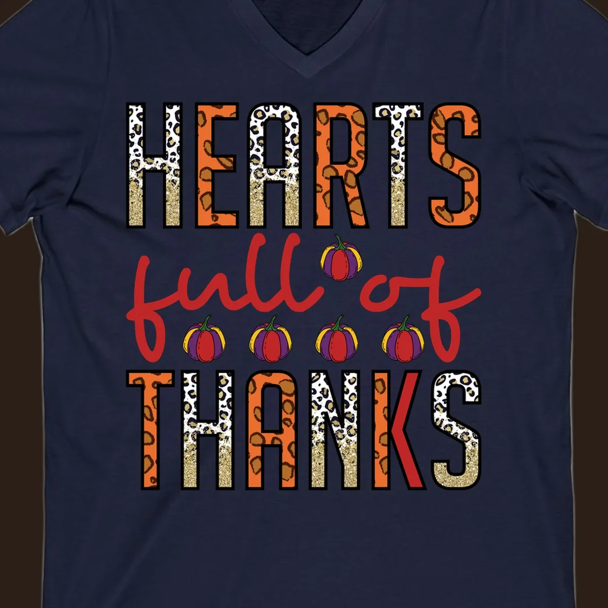 Hearts Full of Thanks pumpkins leopard print and glitter text design.