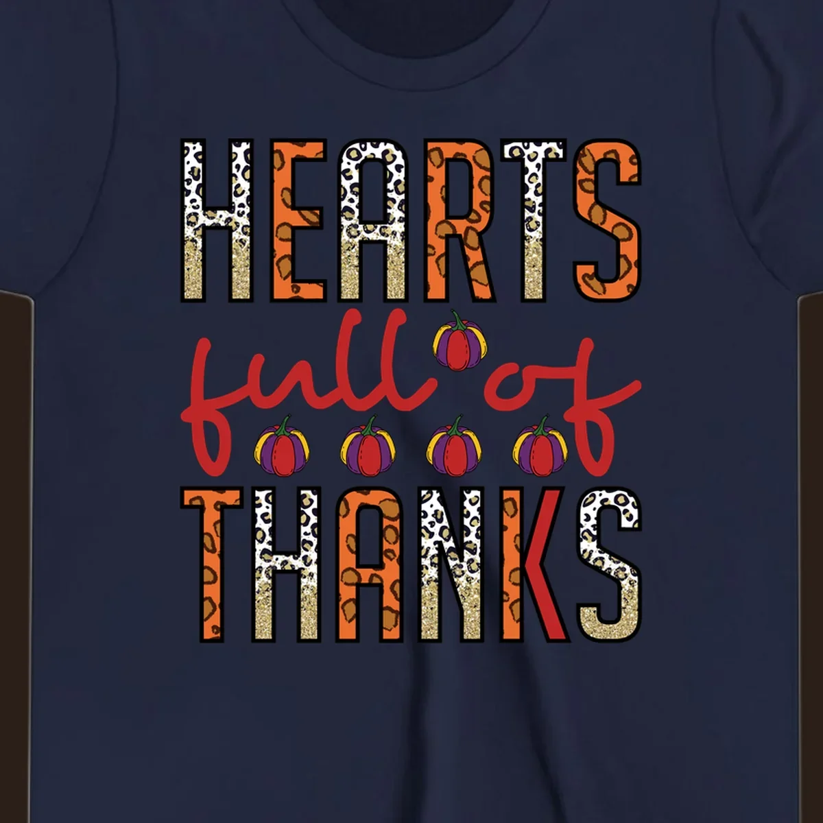 Hearts Full of Thanks pumpkins leopard print and glitter text design.