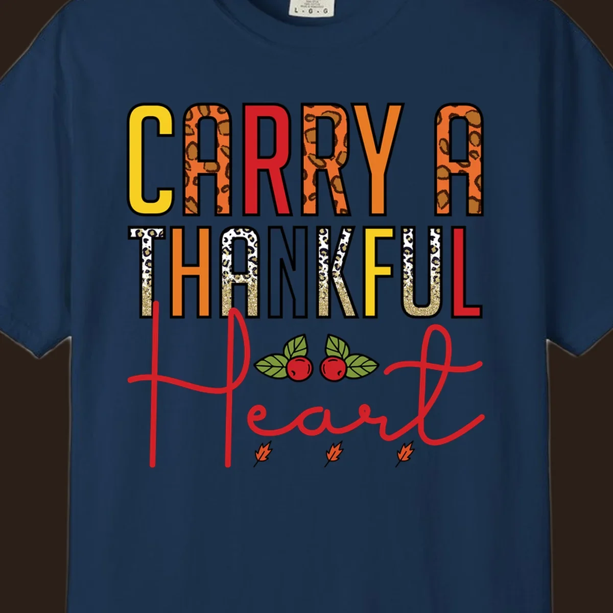 Carry a thankful heart design with leopard print and glitter accents.