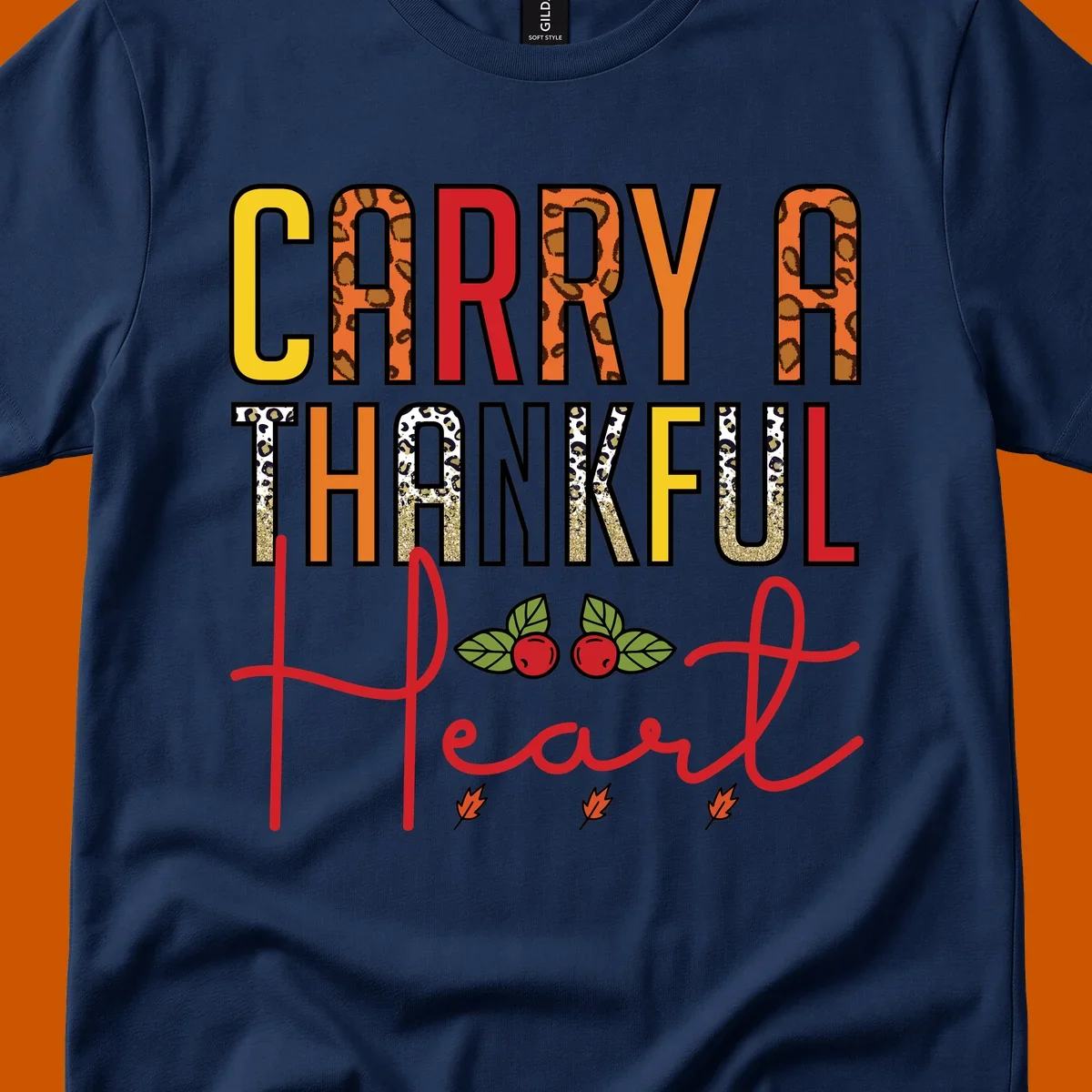 Carry a thankful heart design with leopard print and glitter accents.