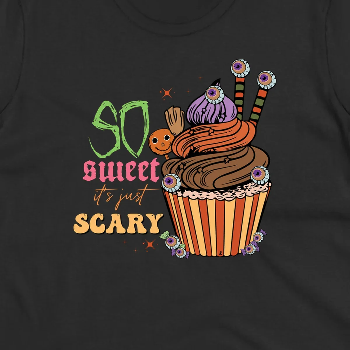Halloween cupcake illustration with text 'So Sweet It's Just Scary', featuring candy eyeballs and a ghost lollipop.