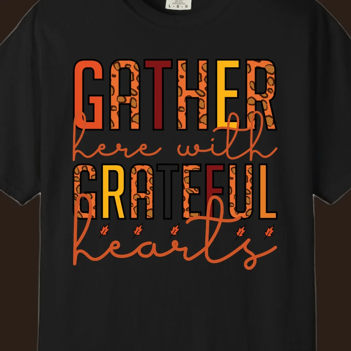 Gather Here With Hearts typography with leopard print and fall leaves.