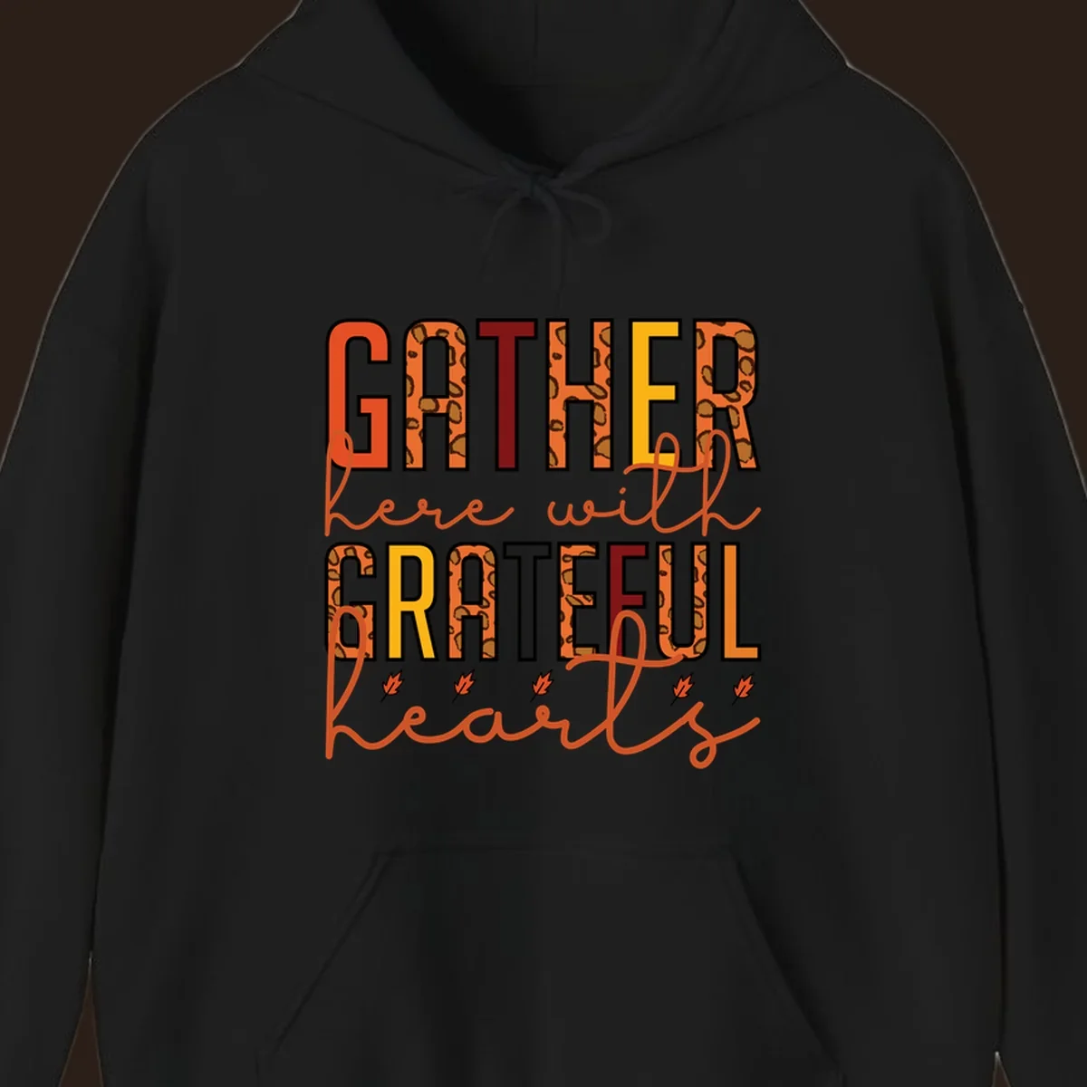 Gather Here With Hearts typography with leopard print and fall leaves.