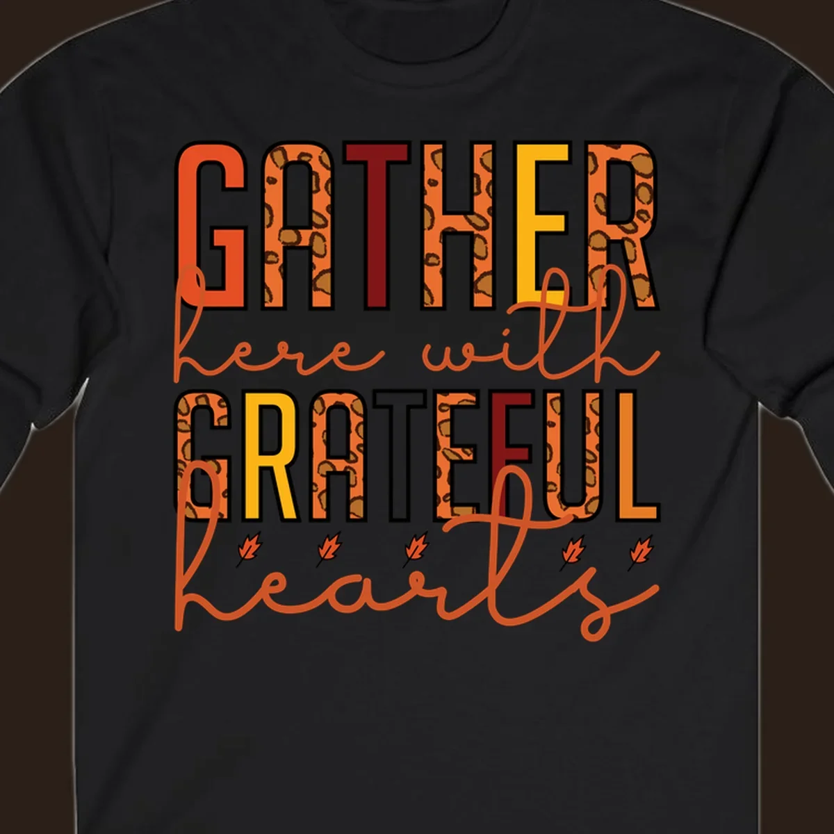 Gather Here With Hearts typography with leopard print and fall leaves.