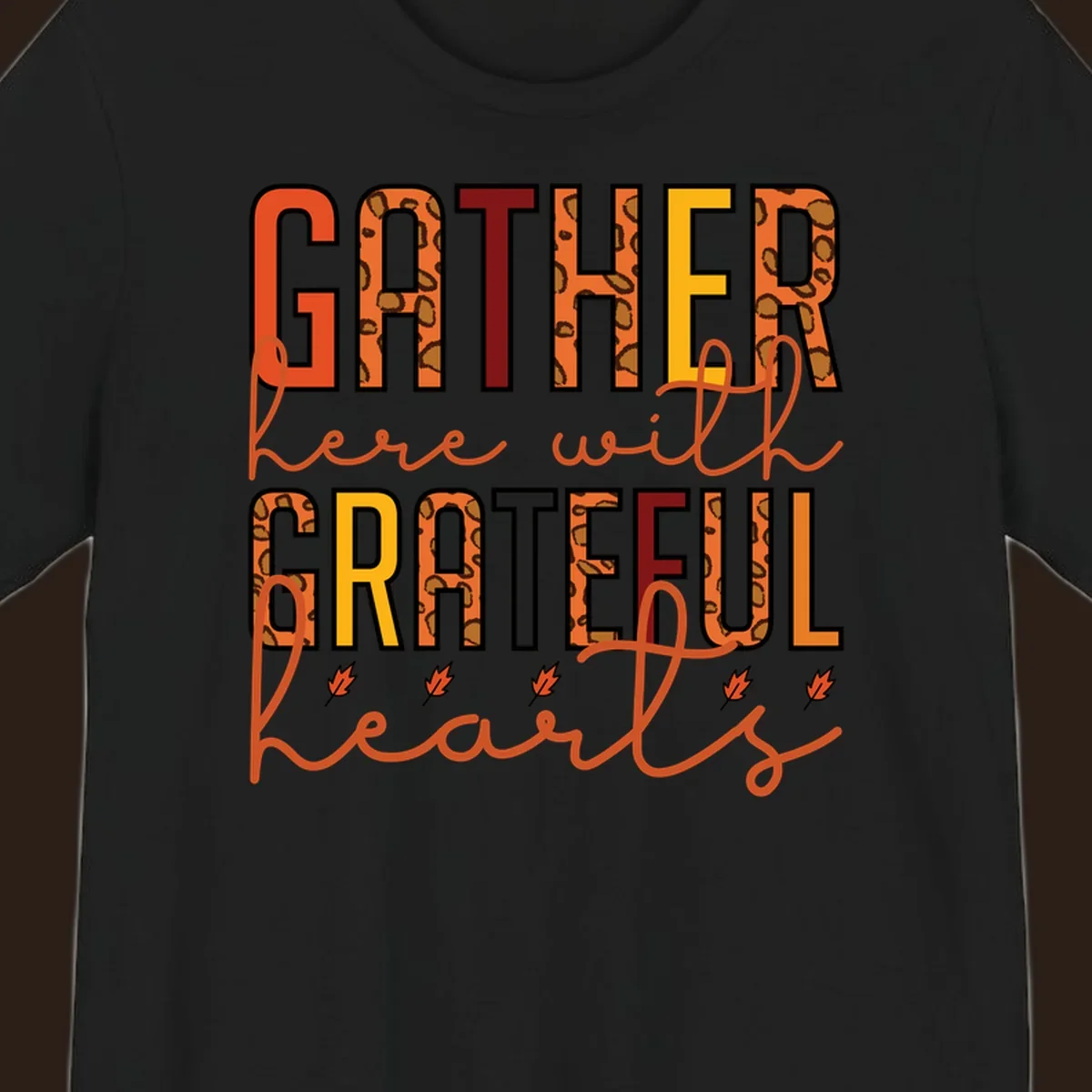 Gather Here With Hearts typography with leopard print and fall leaves.