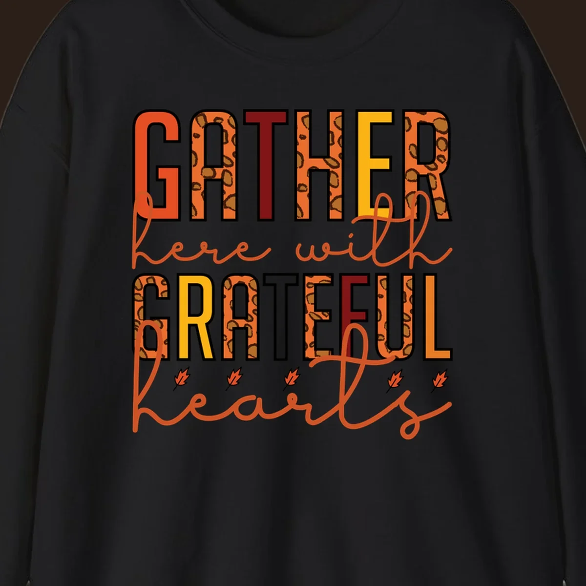 Gather Here With Hearts typography with leopard print and fall leaves.