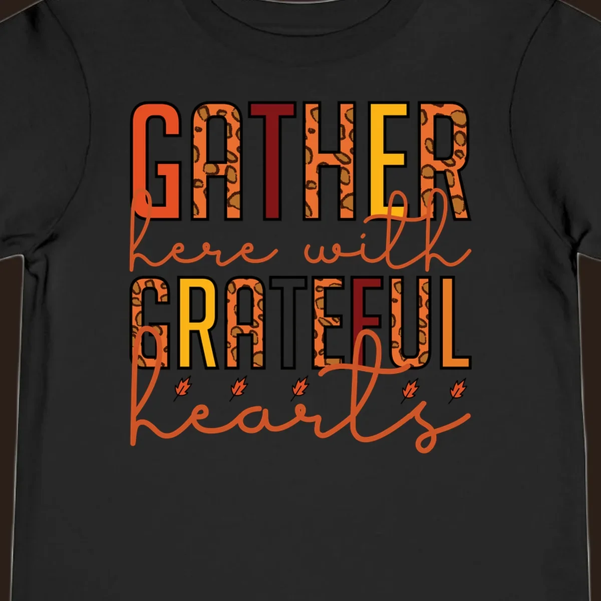 Gather Here With Hearts typography with leopard print and fall leaves.